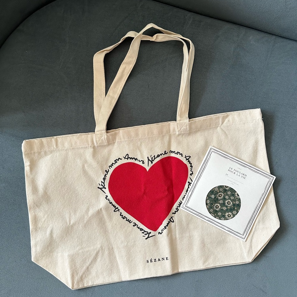 Sezane Mon Amour Heart Tote Bag and Gaston Green and White Square Scarf
